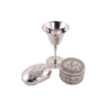 A silver goblet by Mappin and Webb, together with a silver oval snuff box engraved with a crest,