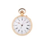 An open-face 18ct gold pocket watch with a keyless wound movement in a yellow metal case stamped 18K