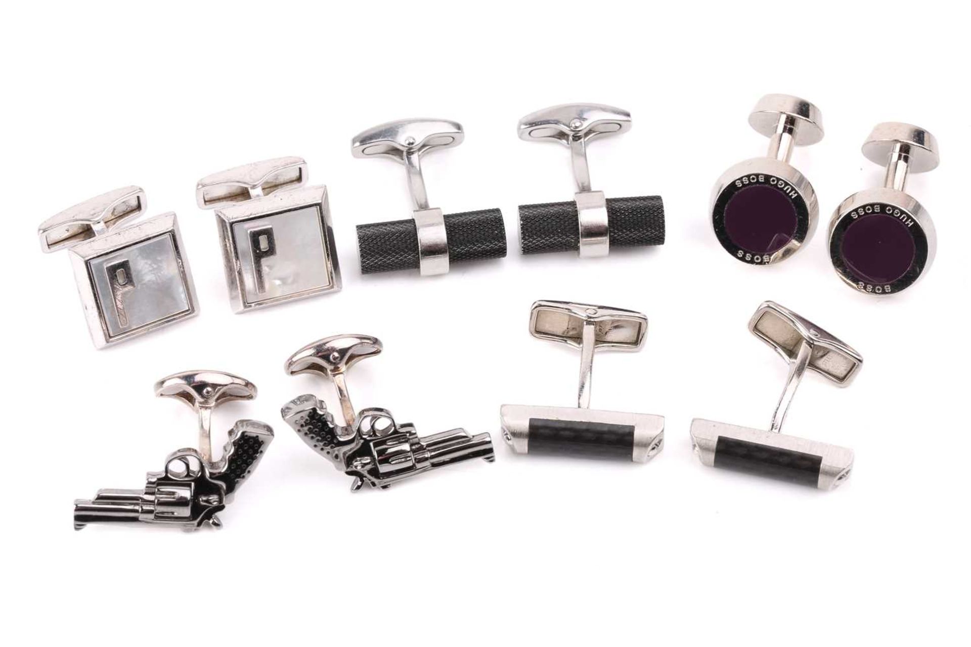 Five pairs of cufflinks; comprising a pair of Dunhill silver cufflinks inset with mother-of-pearl