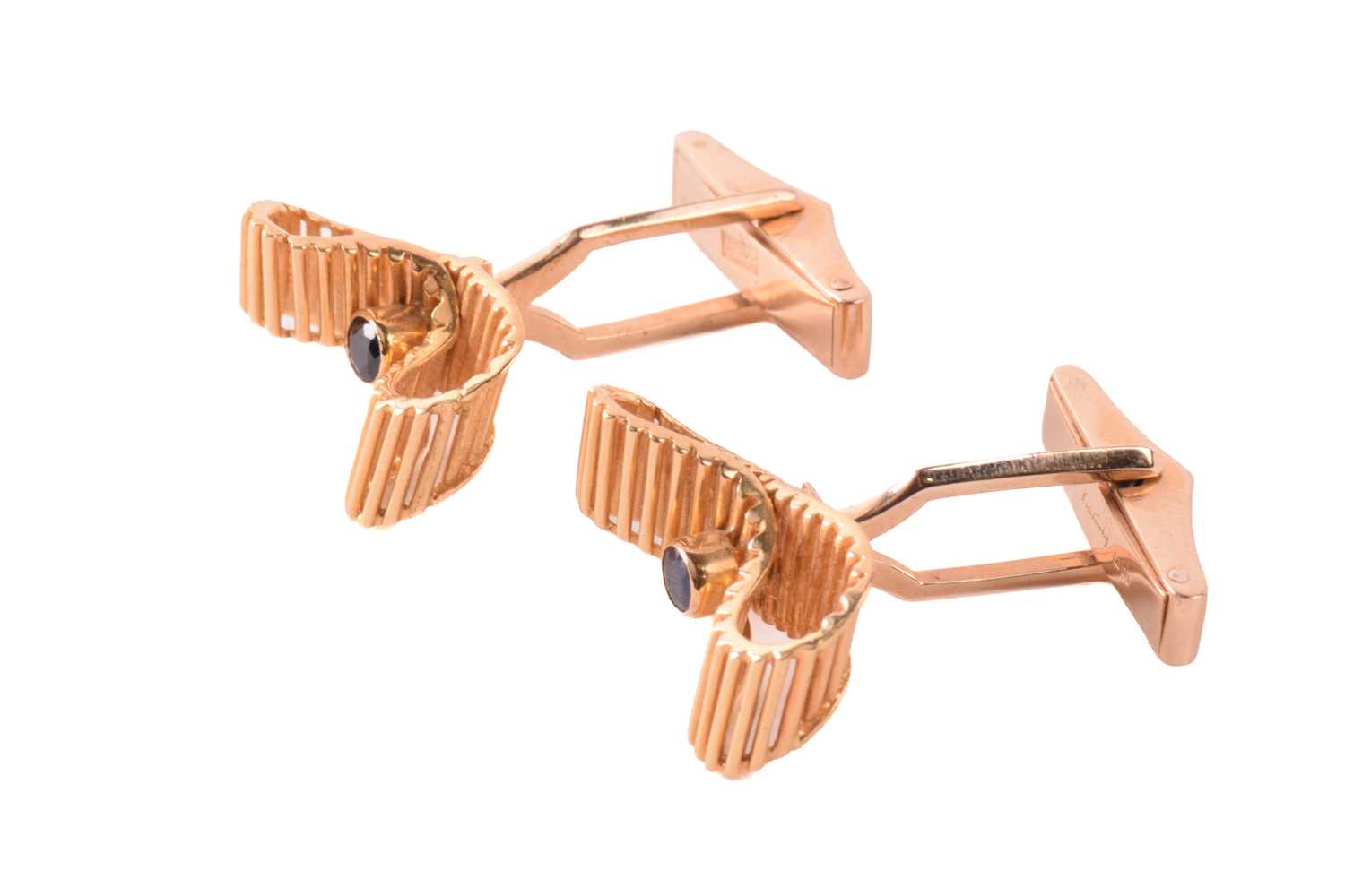 Kutchinsky - a pair of 18ct yellow gold cufflinks set with sapphires, of undulating ribbon design, - Image 3 of 4