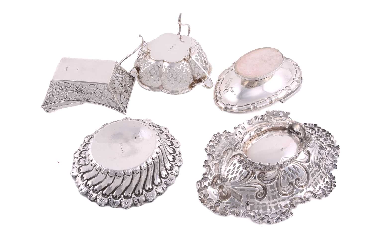 Five assorted silver bon bon dishes comprising two with swing handles (the oval example with - Image 3 of 3