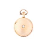A full hunter diamond set fob pocket watch in 14kt gold, featuring a keyless wound movement in a