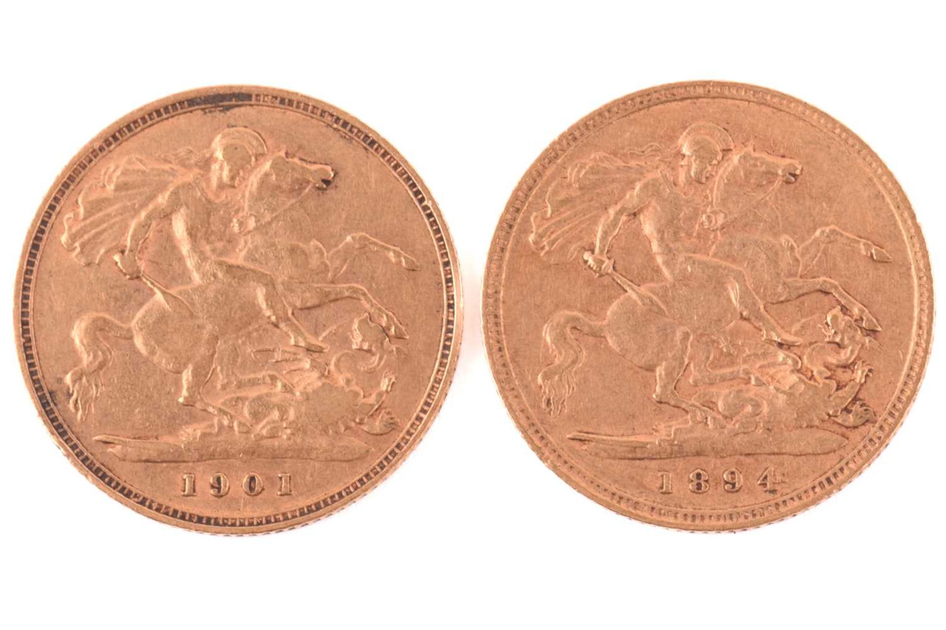 Two Victoria half sovereigns 1894 and 1901, obverse with veiled head left
