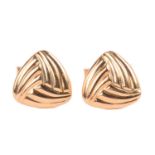 A pair of triangular cufflinks of reeded design, fitted with swivel backs, yellow metal marked '