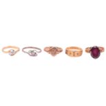 Three dress rings and two diamond crossover rings; to include a dress ring in 18ct yellow gold,