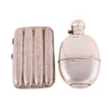 A silver hip flask and a silver cigar case, the oval hip flask by Walker and Hall, Sheffield 1920,