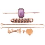 An amethyst bar brooch stamped 9ct to the reverse, the amethyst measuring 20.2mm x 13.2mm x 8.3mm, a