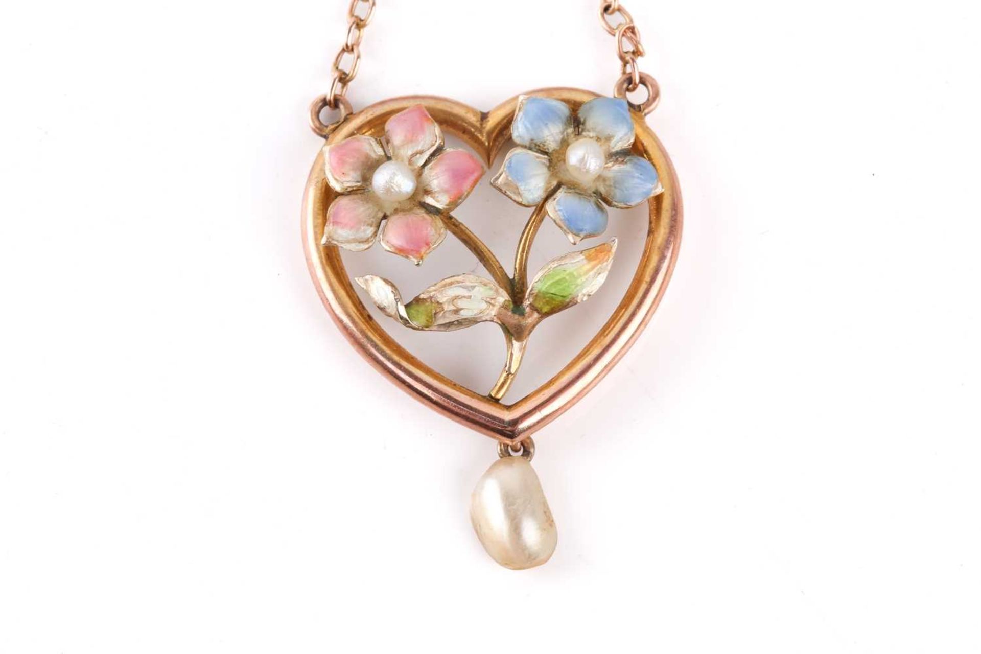An Edwardian enamel and pearl floral pendant necklace designed as a heart with a spray of flowers in - Image 4 of 8