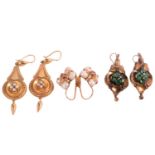 Three pairs of gem-set earrings; including a 9ct yellow gold Etruscan revival style pendant earrings