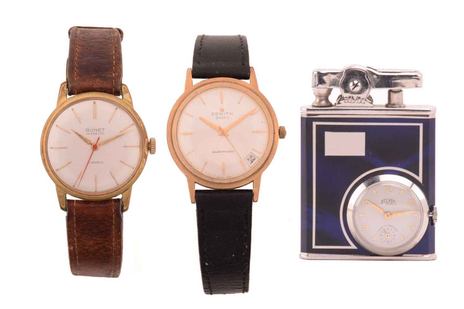 A Zenith 3600 automatic wristwatch, a Ronet Incabloc watch, Eclydo lighter/timepiece. The Zenith