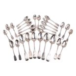 A quantity of crested silver spoons of fiddle pattern, with mixed date and makers; comprising: six