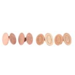 Two pairs of 9ct gold oval chain cufflinks; one pair with monogrammed panels and in rose gold,