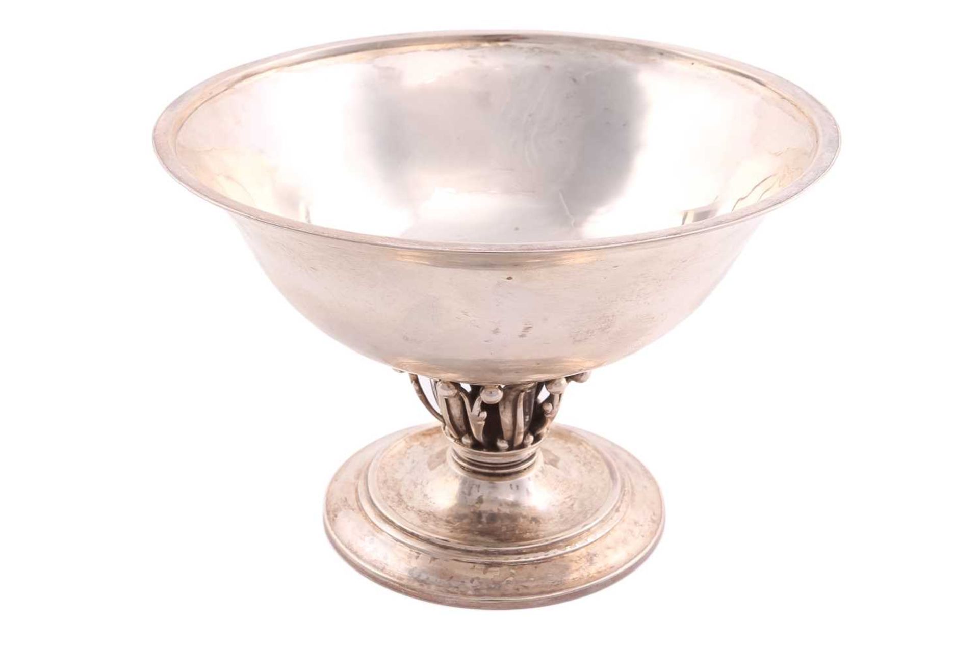 Georg Jensen - a footed dish with flared rim, after the design of 'Louvre Bowl', supported with - Image 2 of 3
