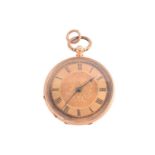 An open-face pocket watch, featuring a key-wound movement in a yellow metal case stamped 18C and