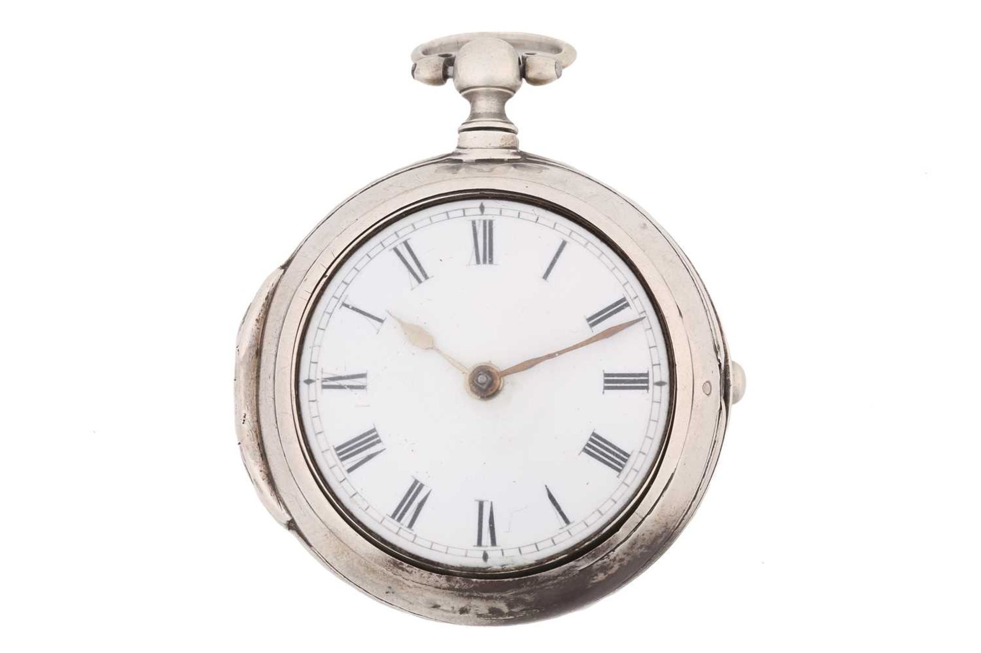 A Silver open-face pocket watch with a pair-case from 1757, featuring a key-wound fusee movement