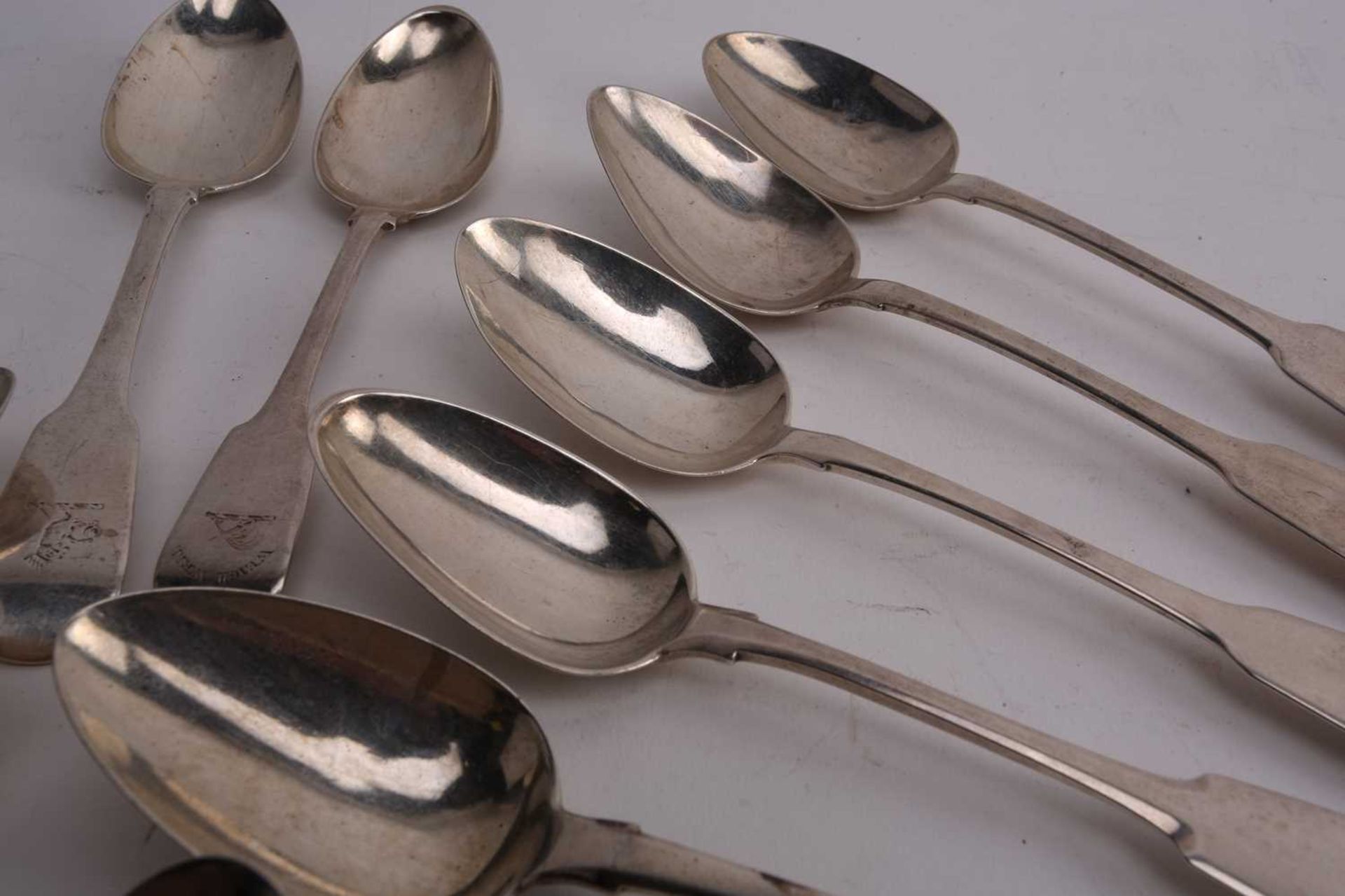 A quantity of crested silver spoons of fiddle pattern, with mixed date and makers; comprising: six - Image 2 of 4