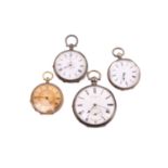 A collection of four open-face pocket watches, comprising of a yellow metal stamped 18ct open-face