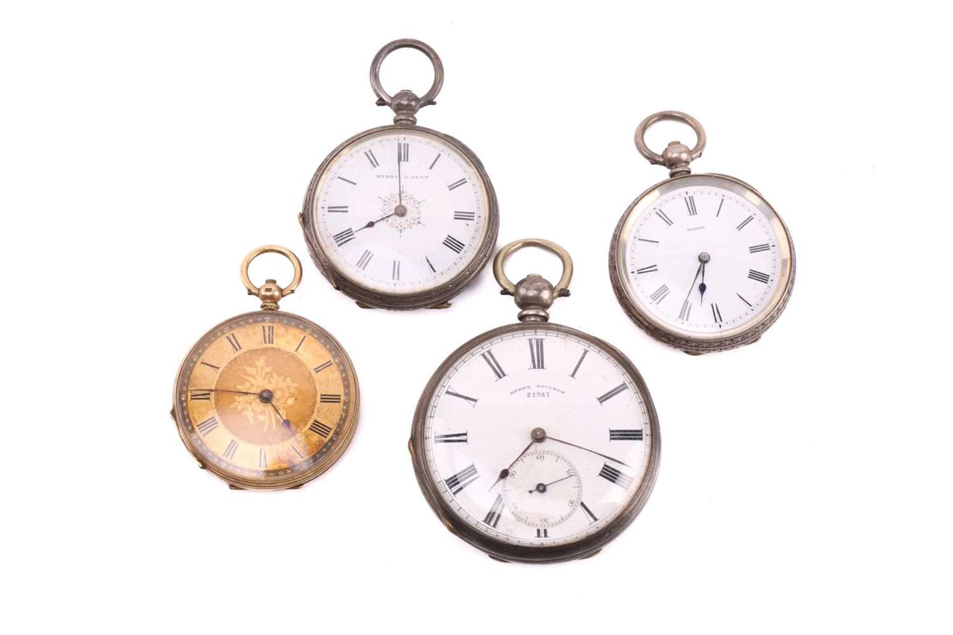 A collection of four open-face pocket watches, comprising of a yellow metal stamped 18ct open-face