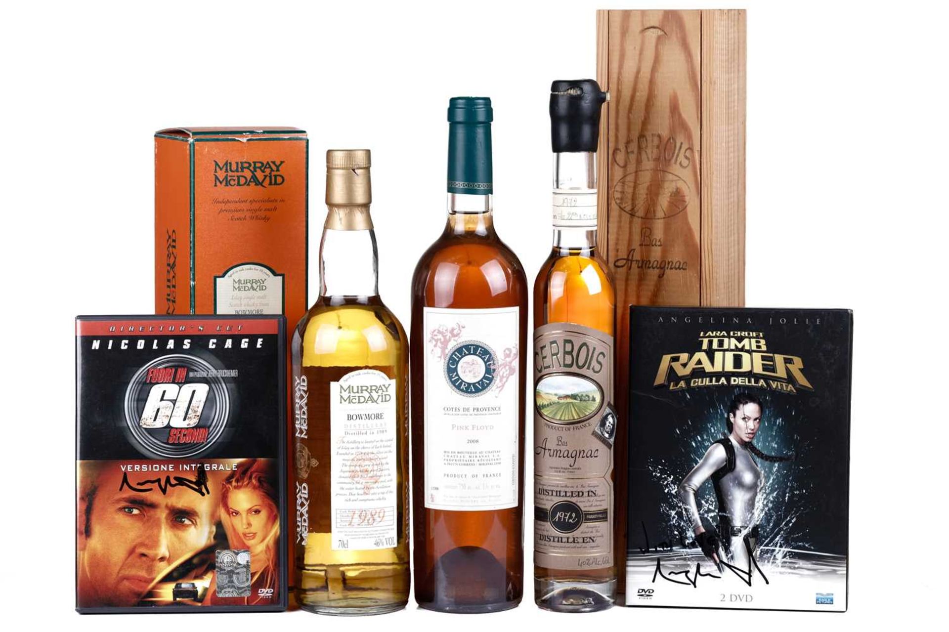 Murray McDavid Bowmore 1989, Scotch whisky, Cerbois 1972 Armagnac, boxed, Chateau Miraval 'Pink