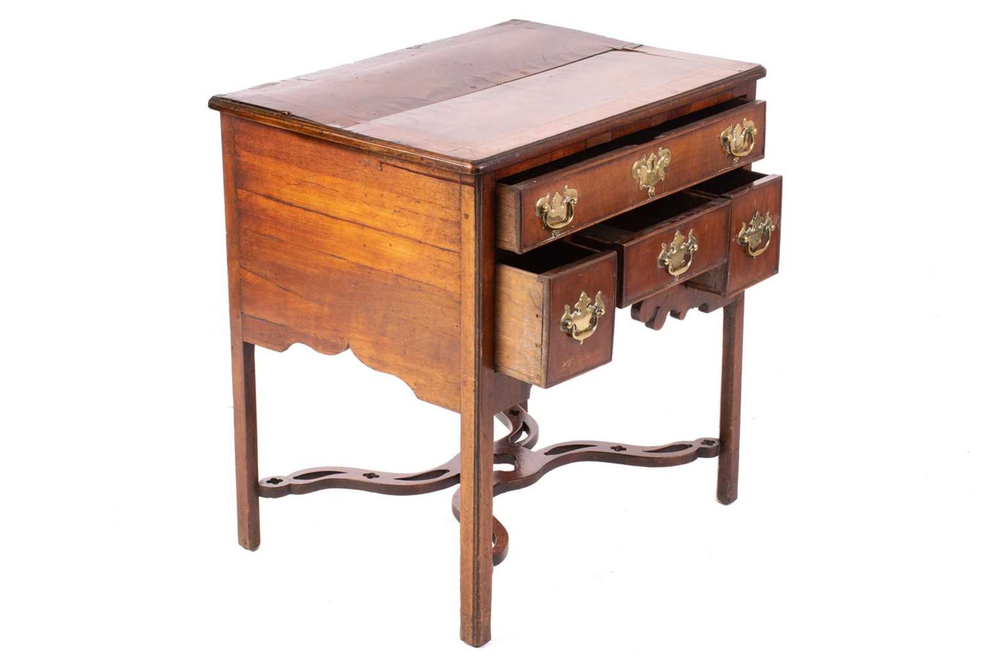 A George III mahogany kneehole lowboy with cross and feather banded top above a single frieze drawer - Image 2 of 6