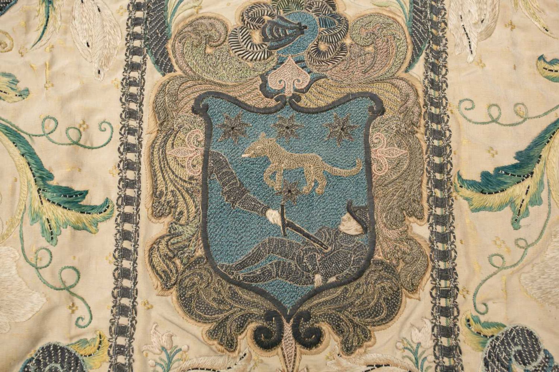 An 18th-century silk and metal thread embroidered Chasuble panel, worked with a coat of arms, 121 cm - Image 3 of 10