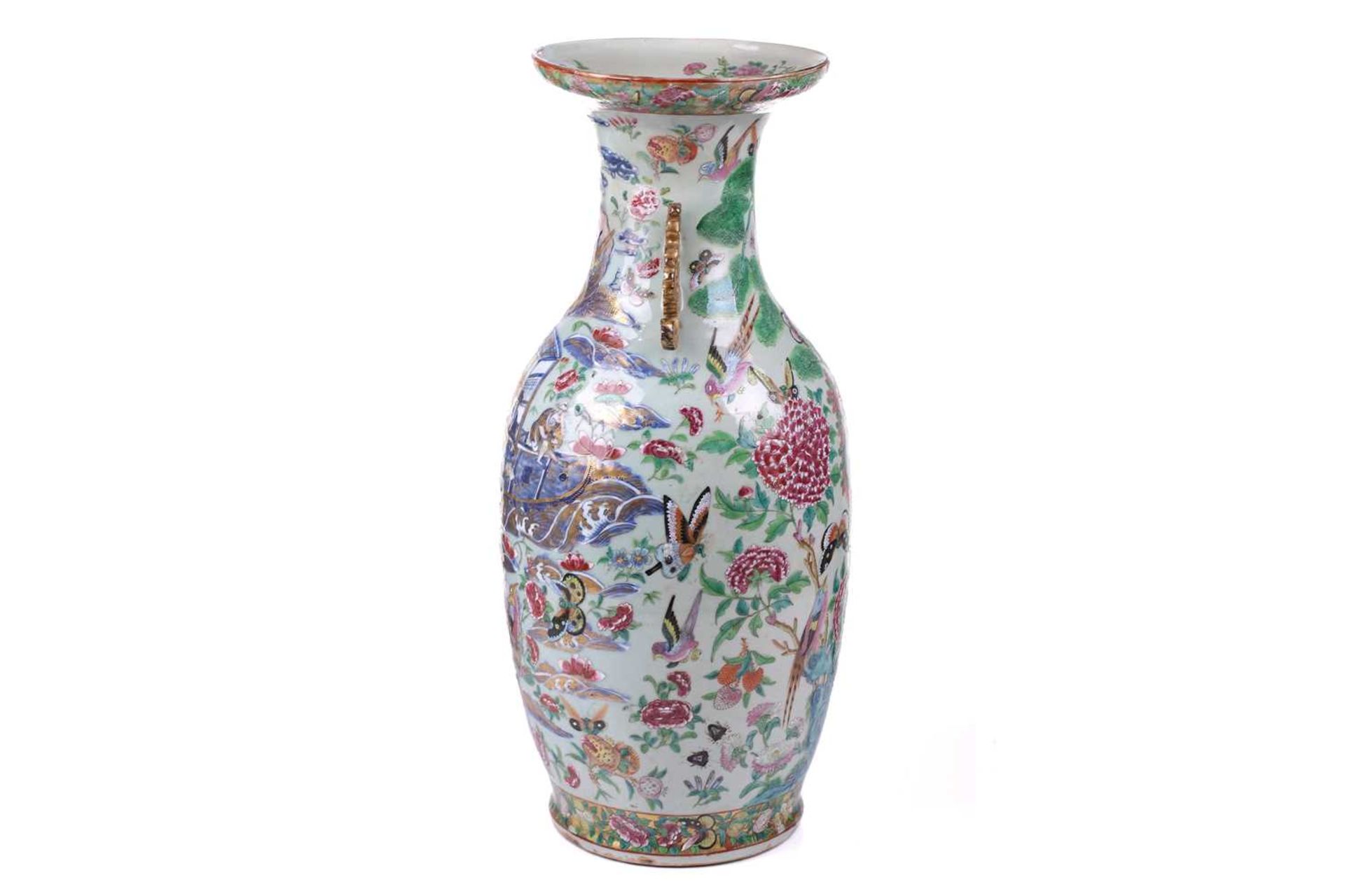 A large Chinese Famile Rose baluster vase, Qing Dynasty, probably Daoguang, with stylized fungus - Image 4 of 20