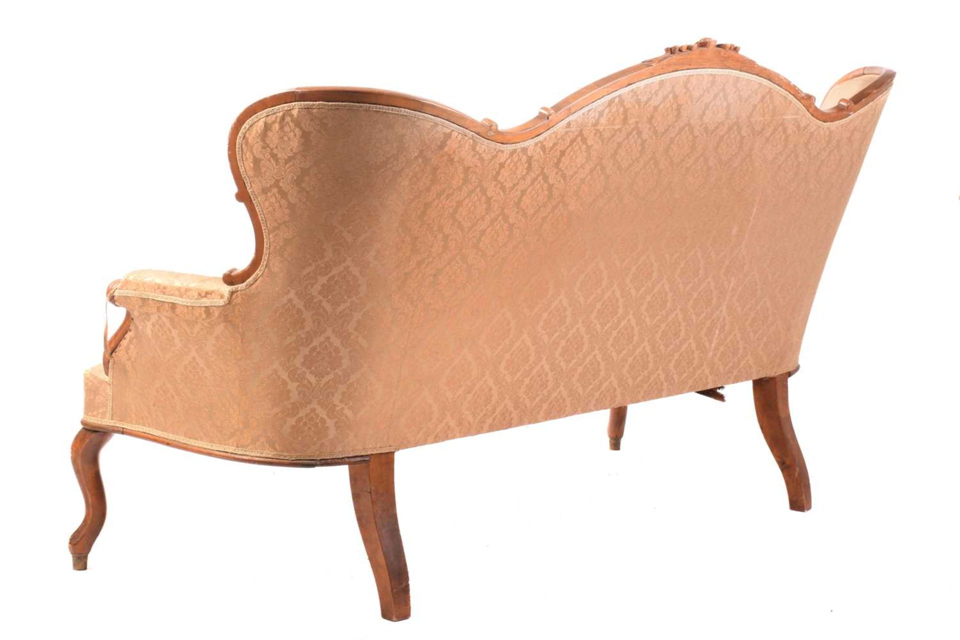 A 19th century matched salon suite, the three-seat settee with shaped back surmounted by a rose - Image 2 of 18
