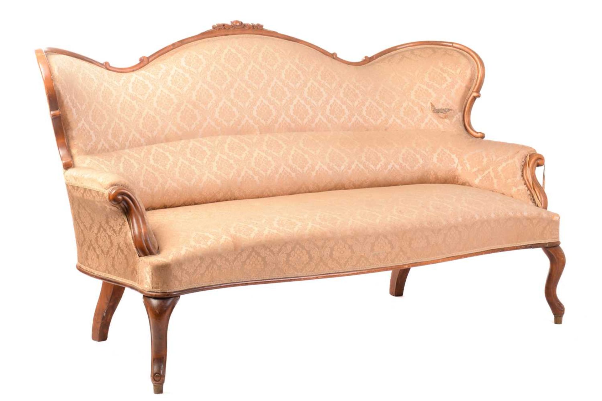 A 19th century matched salon suite, the three-seat settee with shaped back surmounted by a rose - Image 18 of 18