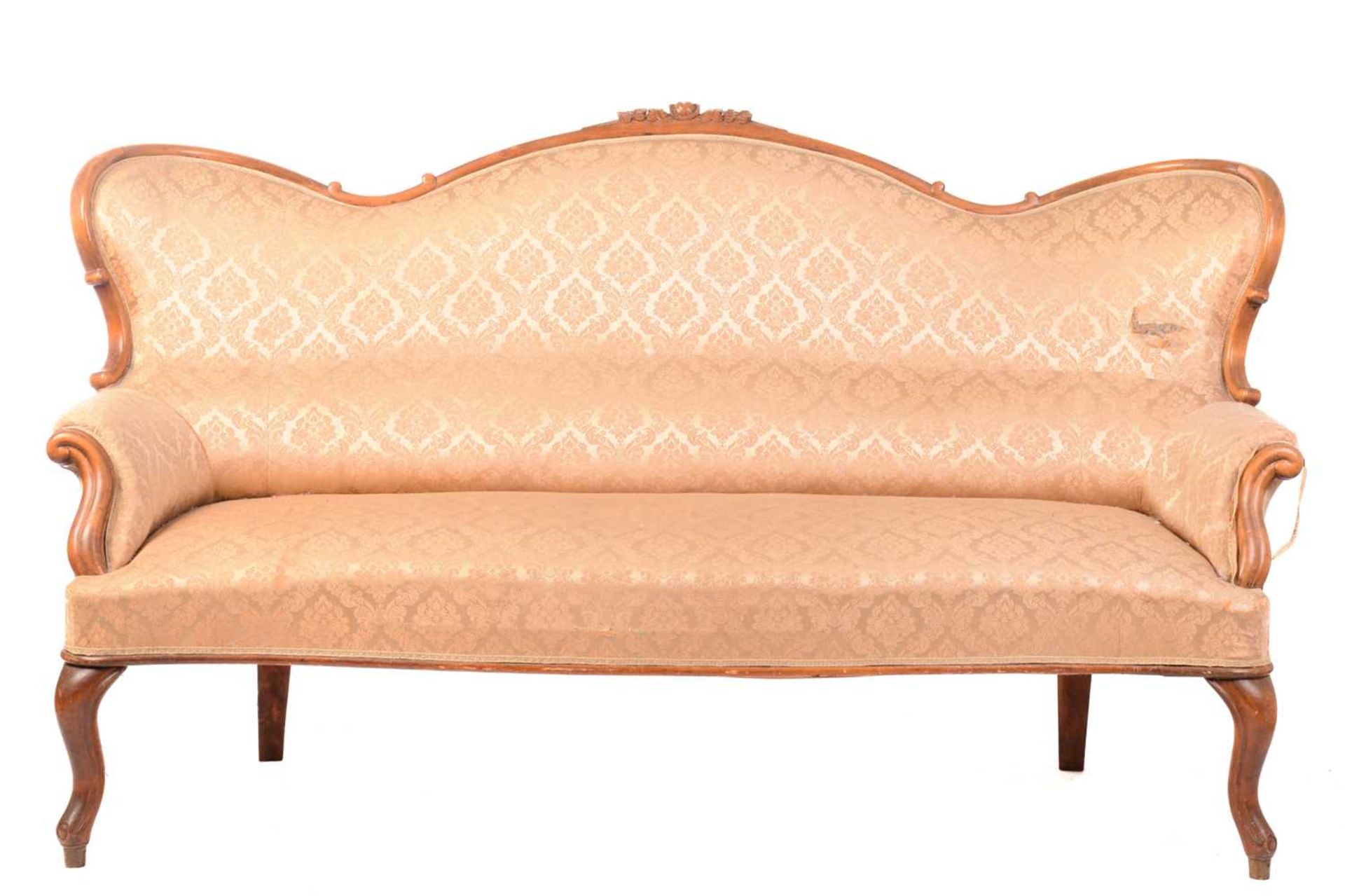 A 19th century matched salon suite, the three-seat settee with shaped back surmounted by a rose - Image 7 of 18