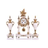 A Louis XVI-style white marble and ormolu 8-day clock garniture, early 20th century, fitted with a