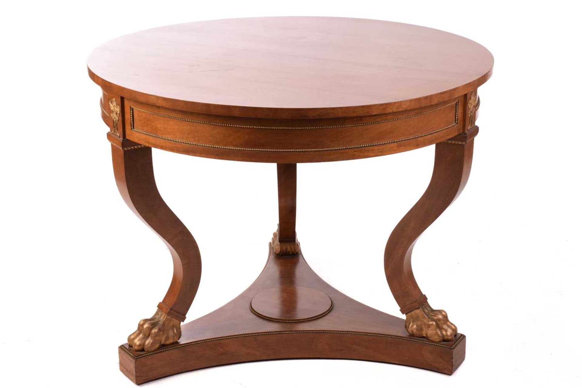 A French Empire Style centre table, the circular top over a gilt beaded panelled frieze and - Image 5 of 6