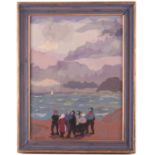 Mabel Maughan Beldy (1874 - 1972), Figures looking out to sea, signed, fabric collage, 35 x 26 cm,