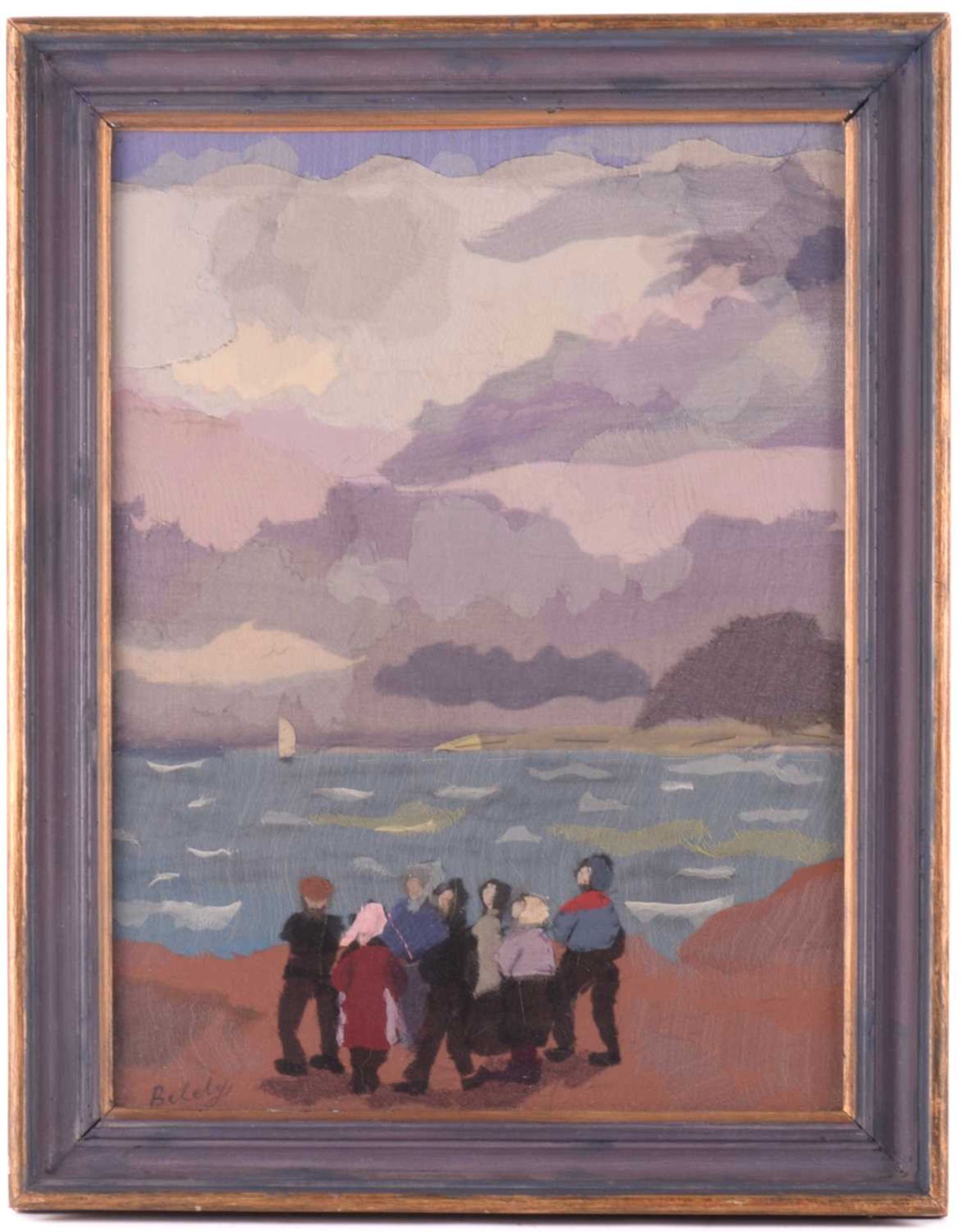 Mabel Maughan Beldy (1874 - 1972), Figures looking out to sea, signed, fabric collage, 35 x 26 cm,