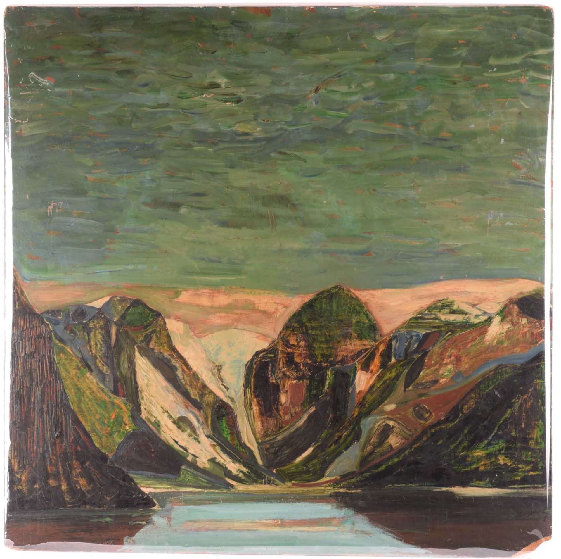 Keith Frederick Grant (b, 1930), Briksdal Glacier, inscribed verso, oil on board, 76.5 x 76.5 cm,