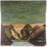 Keith Frederick Grant (b, 1930), Briksdal Glacier, inscribed verso, oil on board, 76.5 x 76.5 cm,