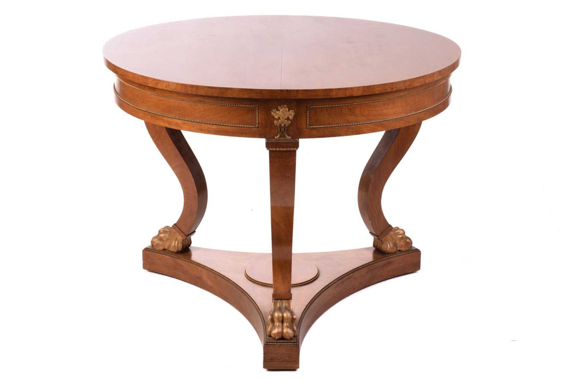 A French Empire Style centre table, the circular top over a gilt beaded panelled frieze and - Image 6 of 6