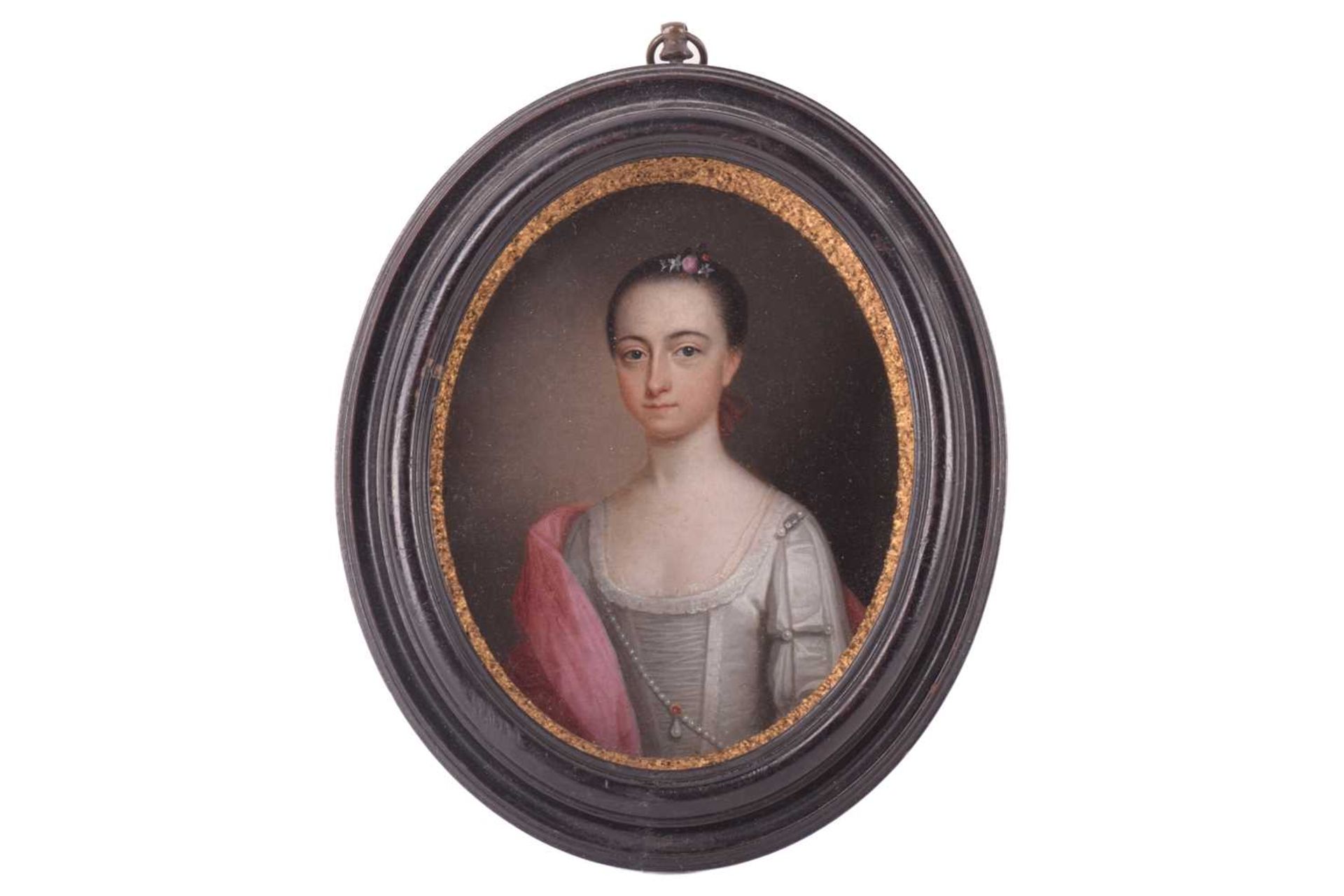 18th-century school, an oval portrait miniature of a lady, oil on copper, the sitter named verso