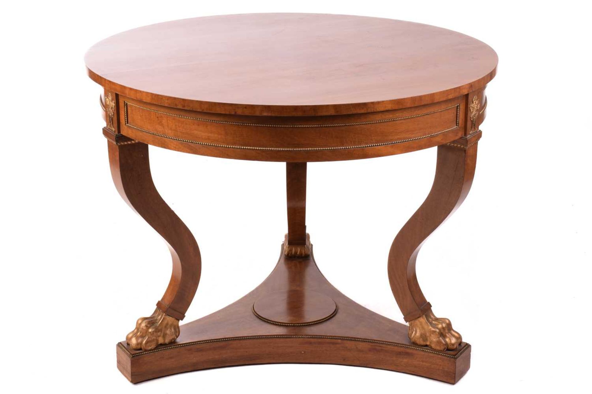 A French Empire Style centre table, the circular top over a gilt beaded panelled frieze and - Image 2 of 6