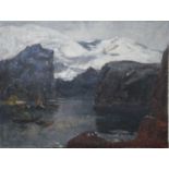 V. Burlakov (20th century) Soviet, Boats in an Arctic landscape, signed inscribed and dated '69