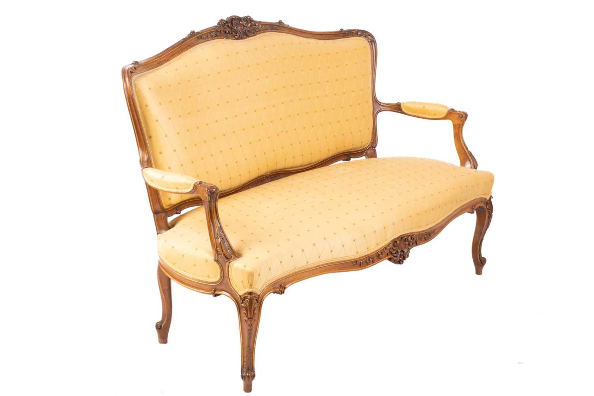 A good quality Louis XV-style walnut framed salon suite comprising a two-seat canape and a pair of - Image 8 of 9