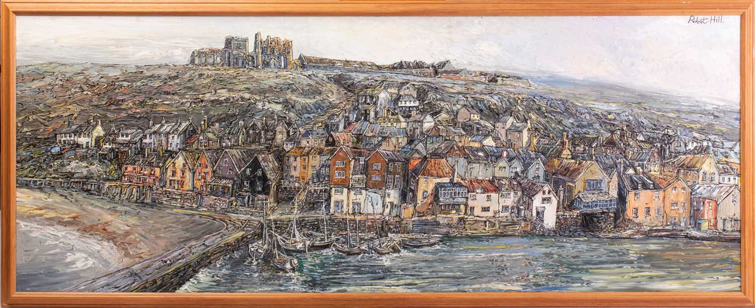Robert William Hill (1932 - 1990), Panorama of Whitby and the Abbey, signed, oil on board, 75 x - Image 2 of 22