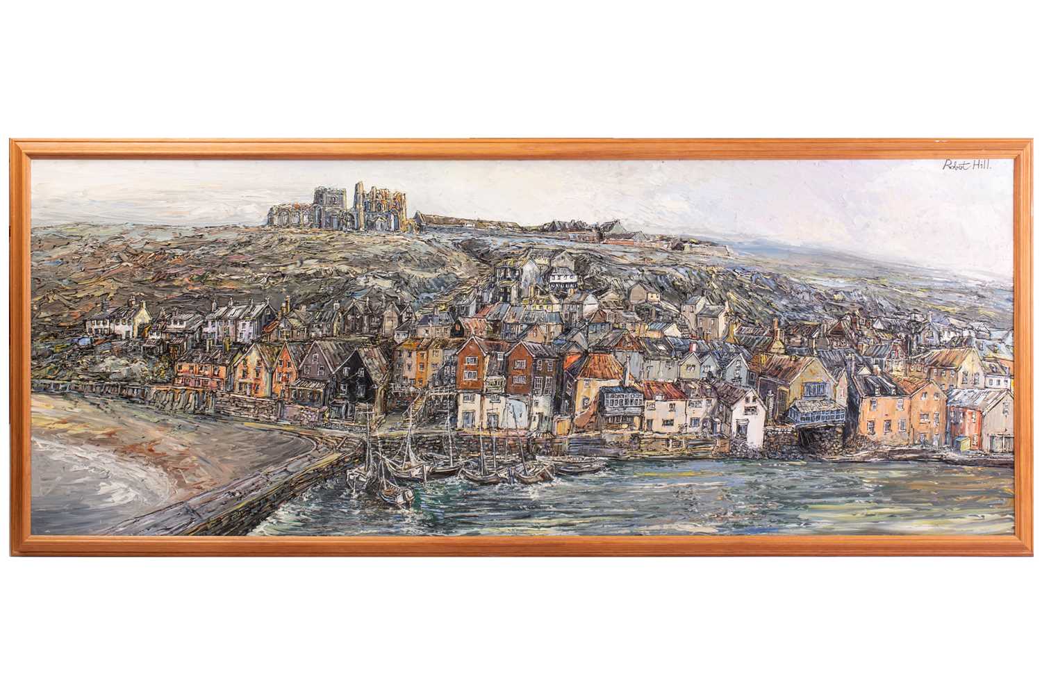 Robert William Hill (1932 - 1990), Panorama of Whitby and the Abbey, signed, oil on board, 75 x