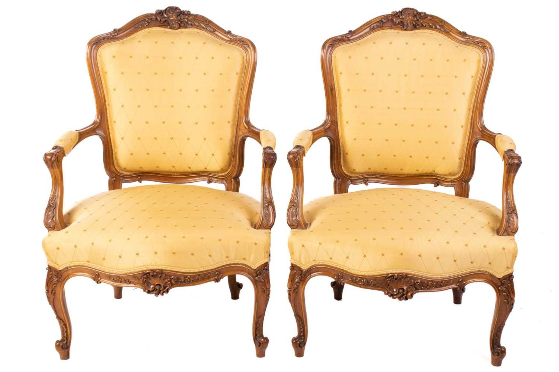 A good quality Louis XV-style walnut framed salon suite comprising a two-seat canape and a pair of - Image 6 of 9