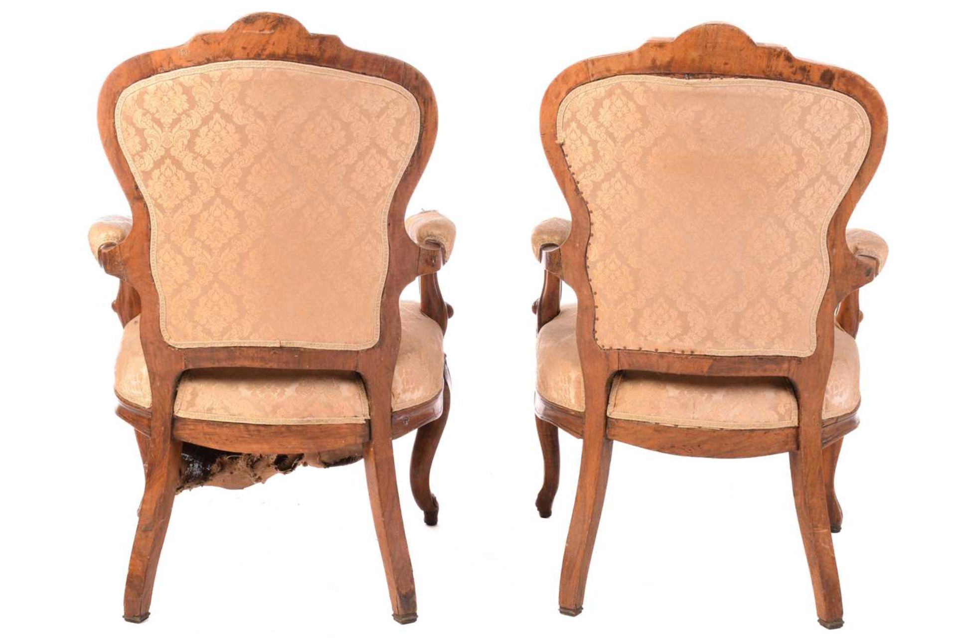 A 19th century matched salon suite, the three-seat settee with shaped back surmounted by a rose - Image 11 of 18