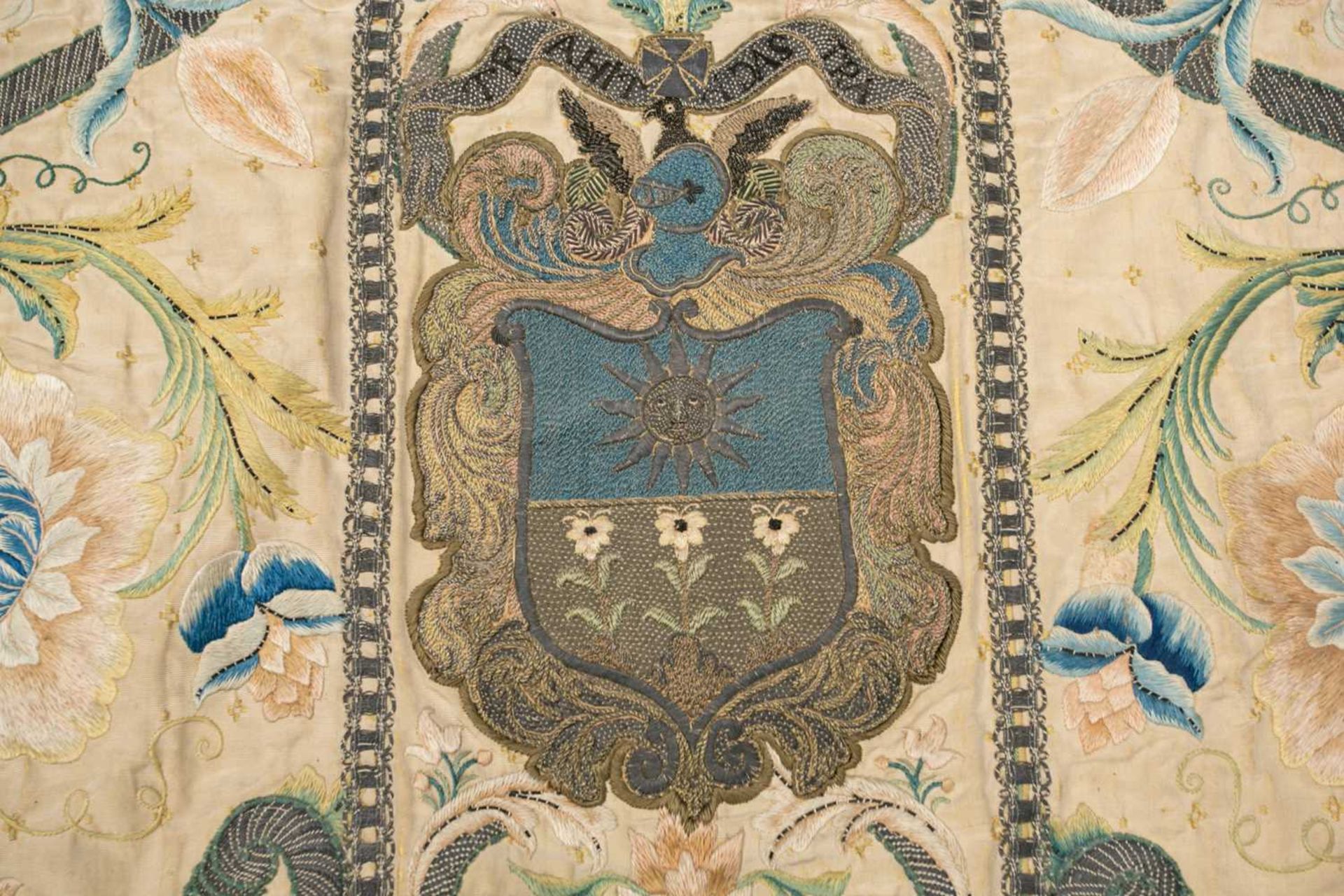 An 18th-century silk and metal thread-worked Chasuble panel, worked with a coat of arms, 119 cm - Image 3 of 10