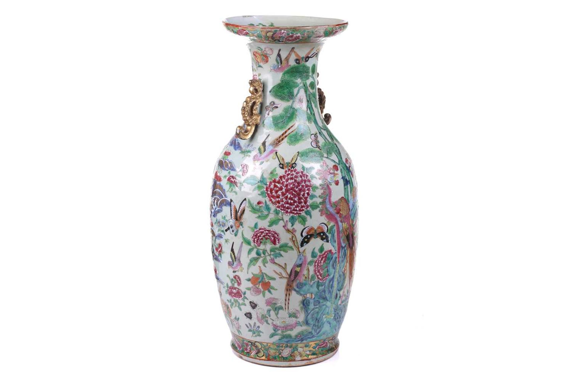 A large Chinese Famile Rose baluster vase, Qing Dynasty, probably Daoguang, with stylized fungus - Image 2 of 20