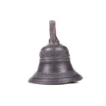 A possibly Spanish 17th-century bronze bell bearing the legend, "HF-AW Anno 1643", 15 cm diameter