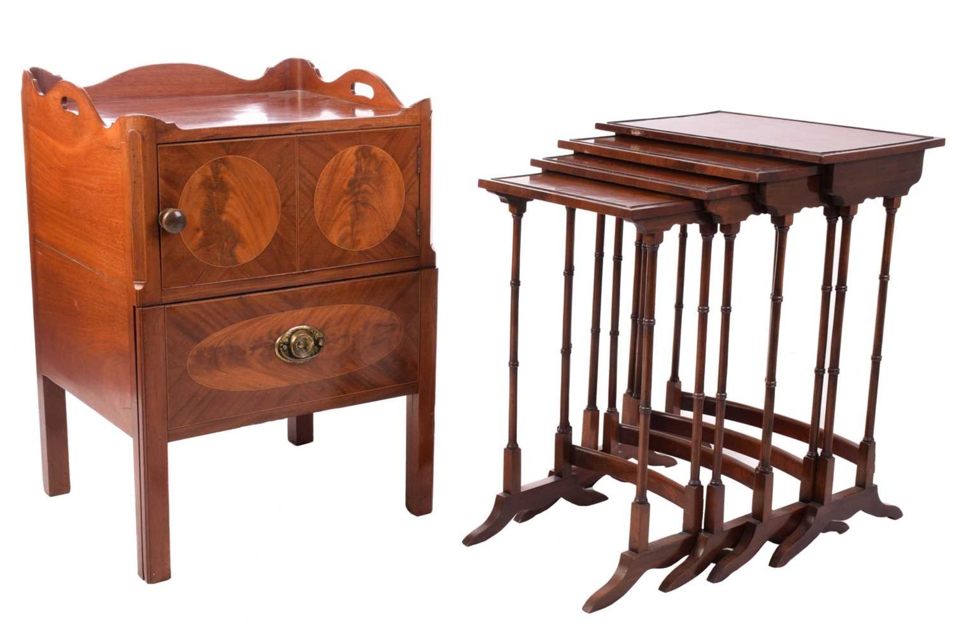 A George III mahogany tray-topped night cupboard with a single drawer and sliding lower section,