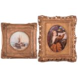 A late 19th century framed oval porcelain plaque, probably KPM, painted after Titian, 'Girl with a