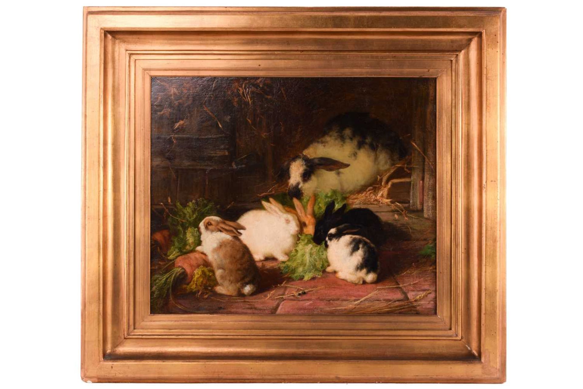 Thomas William Earl (fl.1836-1885), Family of Rabbits, signed, oil on canvas, 49 x 50.5 cm,